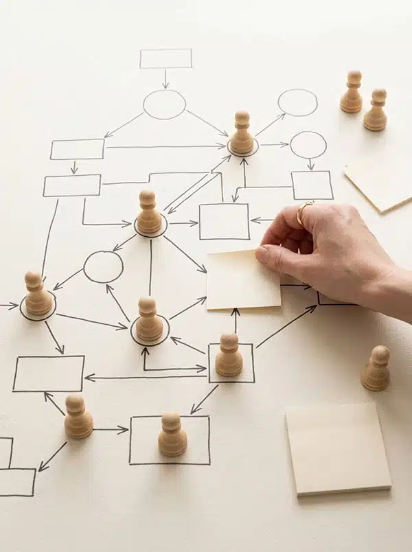 Ein Bild, welches Strategie mit Schachfiguren (Bauern) und Pfeilen symbolisiert