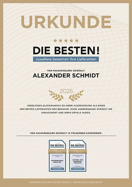Urkunde "Juweliere bewerten Ihre Lieferanten und Dienstleister" zum siebten Mal in Folge ausgezeichnet: Alexander Schmidt