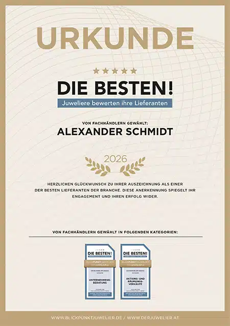Urkunde "Juwelier bewerten Ihre Lieferanten und Dienstleister" zum siebten Mal in Folge ausgezeichnet: Alexander Schmidt Urkunde "Juwelier bewerten Ihre Lieferanten und Dienstleister" zum siebten Mal in Folge ausgezeichnet: Alexander Schmidt
