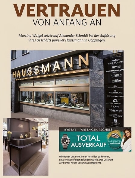 Juwelier Hausmann in Göppingen Räumungsverkauf mit Alexander Schmidt und Nachfolge gefunden Juwelier Hausmann in Göppingen Räumungsverkauf mit Alexander Schmidt und Nachfolge